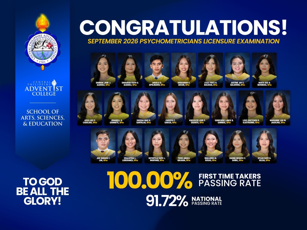 Congratulations poster for CPAC’s pioneering BS Psychology graduates who passed the September 2026 Psychometricians Licensure Examination